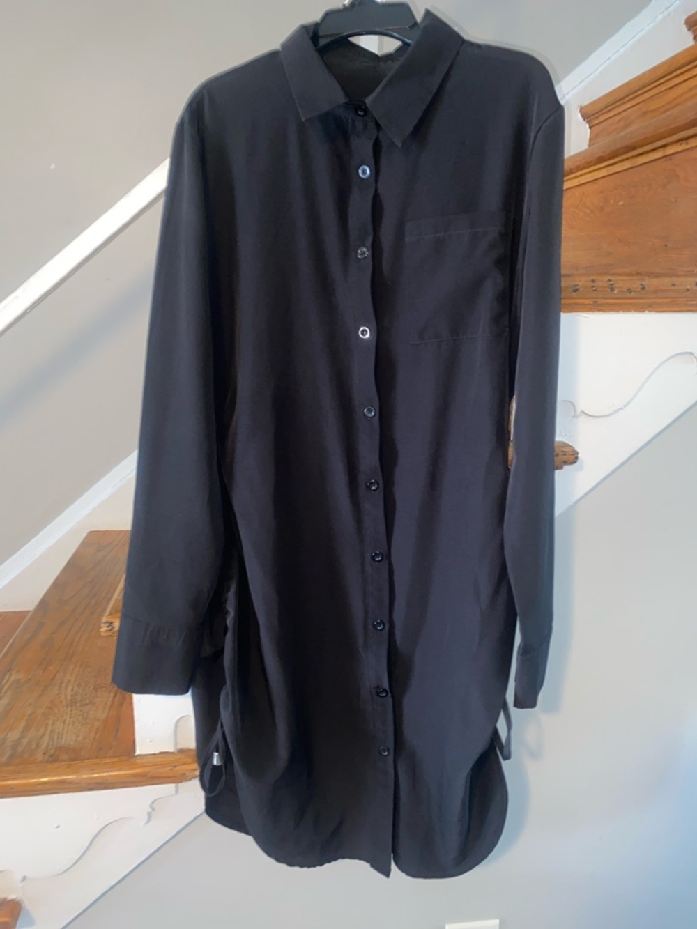Black Button-Front Shirt Dress Casual Long Sleeve Size Large